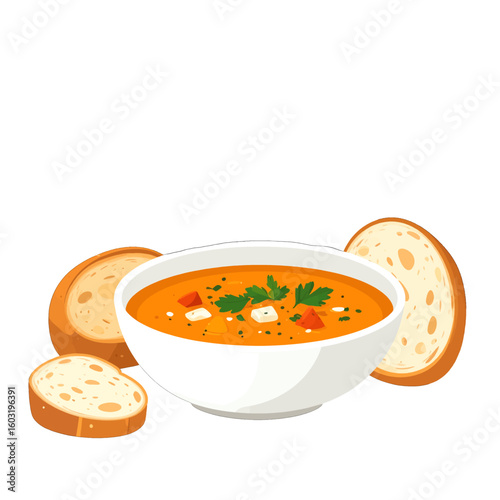 Colorful Creamy Soup Served with Bread Slices