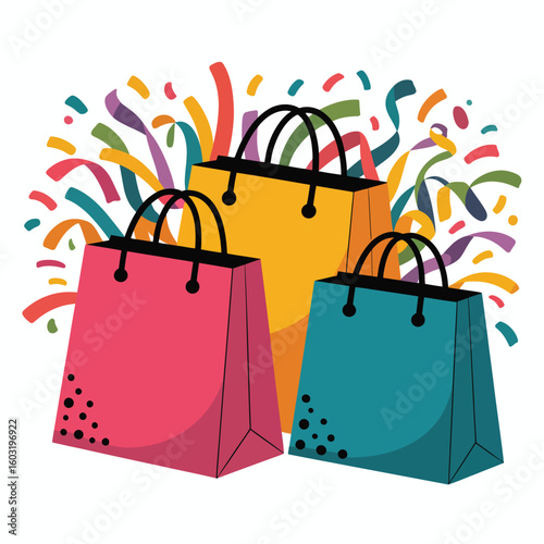 Colorful shopping bags with festive confetti celebration