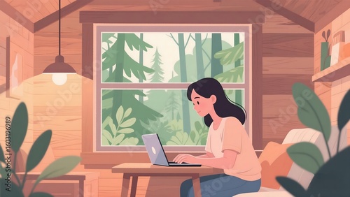 Freelancer Woman Working Remotely in Forest Cabin – Modern Minimal Art