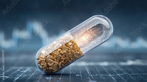 Golden dollar symbols fill a transparent capsule symbolizing wealth generation and investment success