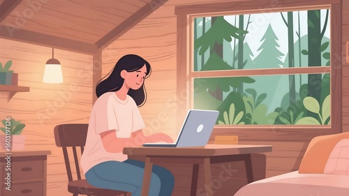 Freelancer Woman Working Remotely in Forest Cabin – Modern Minimal Art