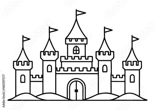 Simple castle outline vector illustration perfect for coloring books children s designs or fairytale themes A classic fairytale castle with towers flags and a large