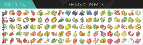 Colorful Fruit Icon Pack with 100 Hand-Drawn Items - A bright and playful set of 100 fruit icons in cartoon style, featuring tropical, exotic, and common fruits for food and health designs.