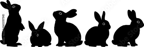 Vector art of five black rabbit silhouettes in different poses on white