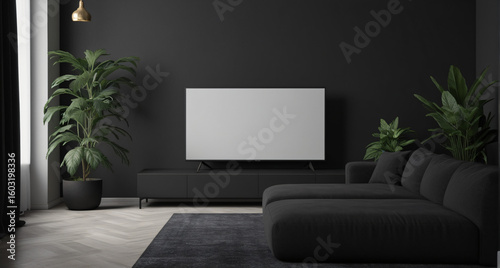 Beautiful modern living room with white tv screen and green plants in a minimalist dark space