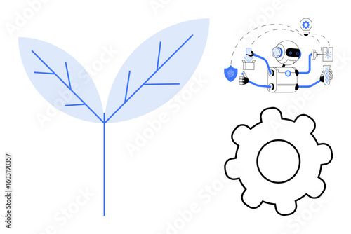 AI robot multitasking amid icons, a gear representing mechanism, and a leaf symbolizing growth. Ideal for sustainability, AI, technology, green innovation, industry, automation and efficiency