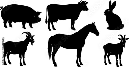 Vector art of farm animal silhouettes including pig cow rabbit horse and goats