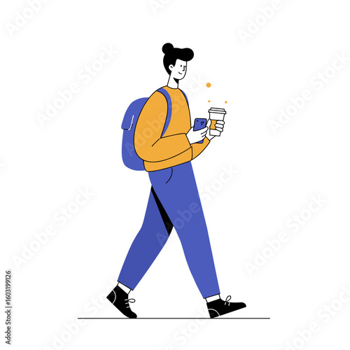 Person walking with backpack and coffee in hand on white background  