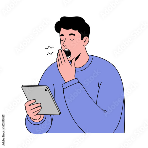 Young man yawning while holding tablet in casual outfit  