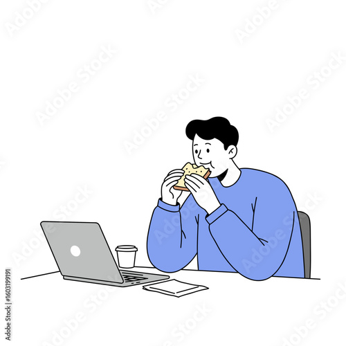 Man eating sandwich while working on laptop at desk indoors  