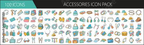 Fashion Accessories Icon Pack with 100 Colorful Items - Collection of 100 cartoon-style fashion accessory icons, including bags, glasses, hats, jewelry, and more for style and retail design. 