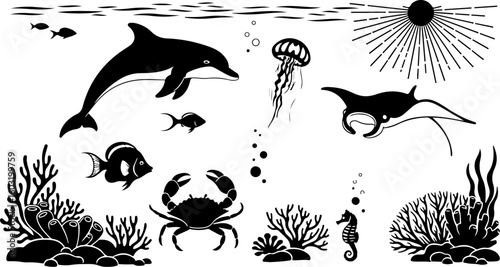 Vector art of underwater marine life silhouettes including dolphin manta ray and fish