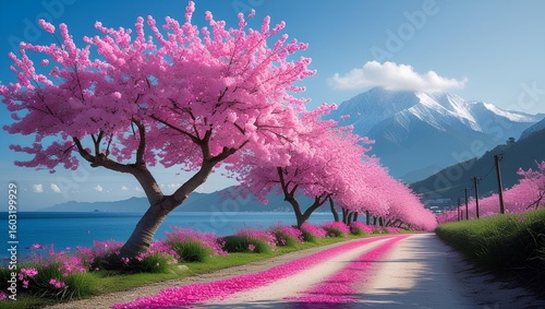 a row of vibrant pink cherry blossom trees lining a dirt road