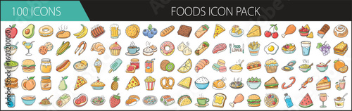 Cartoon Food Icon Pack with 100 Colorful Items - Collection of 100 hand-drawn food icons in vibrant cartoon style, featuring snacks, meals, desserts, fruits, and international cuisine.