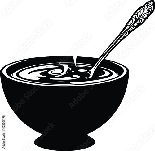 Black-and-White Vector Illustration of Spoon in Bowl – 1-Item Comfort & Meal Silhouette