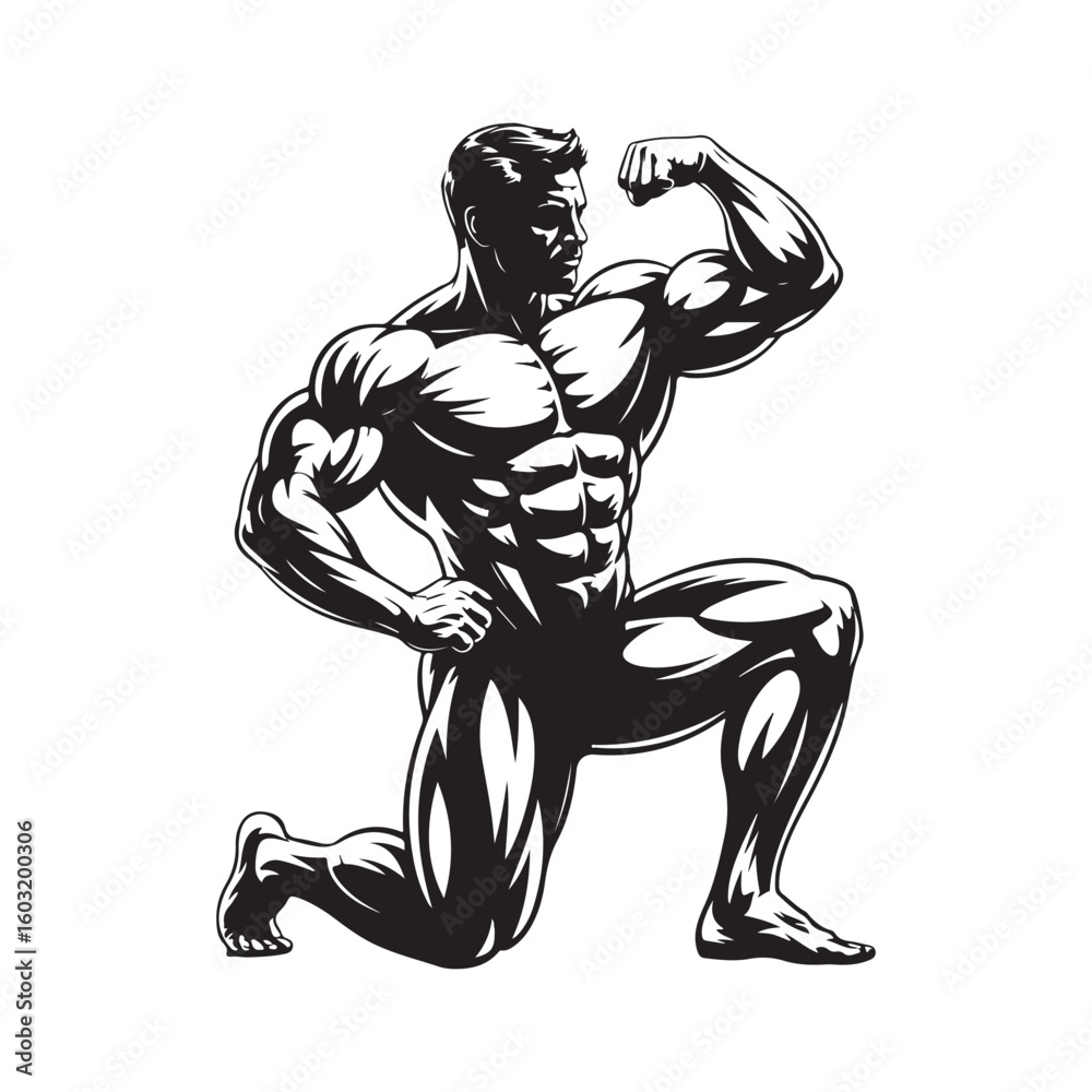 Fototapeta premium Muscular bodybuilder flexing arm on one knee male fitness