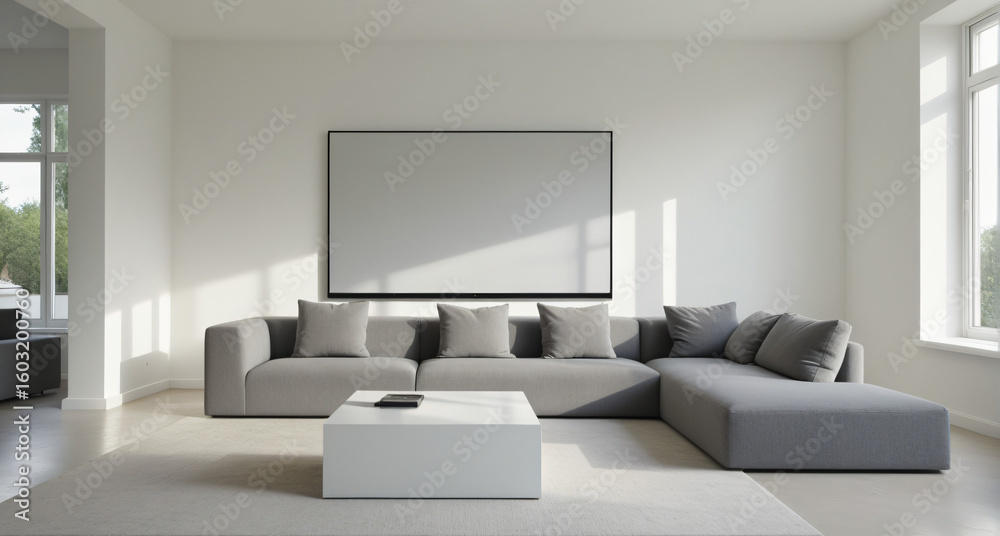 Fototapeta premium Beautiful modern living room with gray sofa and natural light in a minimalist beige and white space