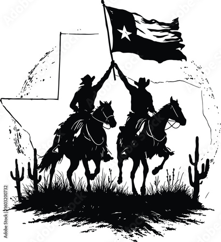 Black-and-White Vector Illustration of Cowboys with Texas Flag – 1-Item State Identity Silhouette