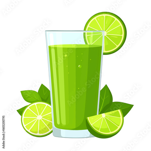 Fresh Green Lime Juice In Glass With Slices