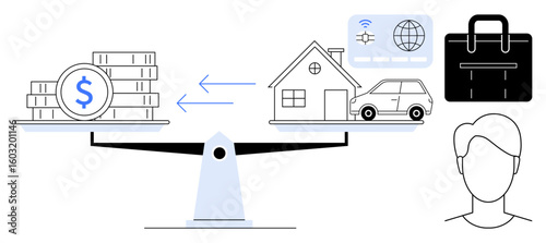 Scales with money and assets, house, car, and connectivity icons with a professional briefcase. Ideal for finance, decision-making, economics, career budgeting investments wealth. Simple flat