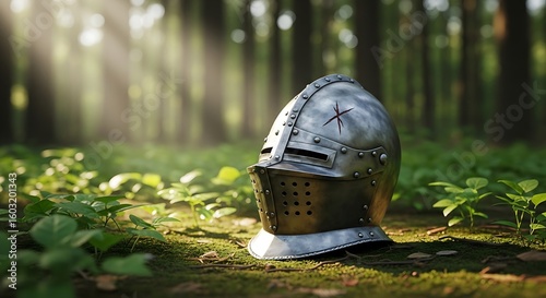 Ancient knight helmet resting in a sunlit forest clearing