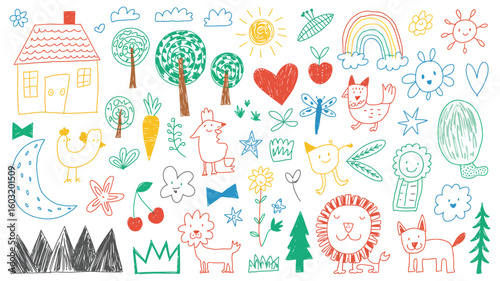 Cute Linear Style Elements – Sun, Heart, Frog, Turtle, Strawberry, Flower, Crown and Star for Kids Art and Graphic Design