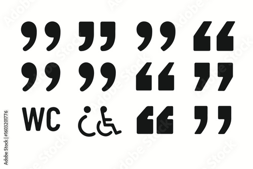 A graphic design featuring various styles of quotation marks, along with WC and wheelchair accessibility icons.