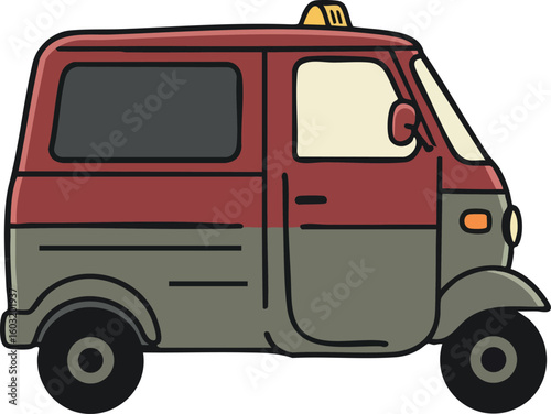 Three wheeled vintage taxi vehicle red and grey colors side view vector illustration