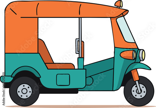 Auto rickshaw tuk tuk vehicle in orange and teal colors side view vector illustration