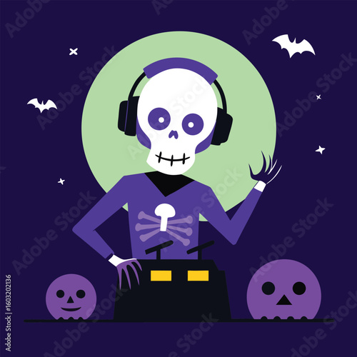 Vector art of skeleton dj playing music at a halloween party with pumpkins