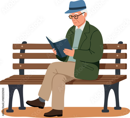 Elderly man reading book on wooden park bench vector illustration in casual outfit and hat