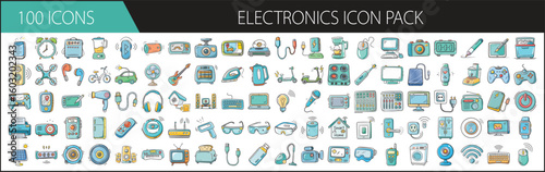 Colorful Electronics Device Icon Pack Set - Collection of 100 colorful cartoon-style electronics icons, including gadgets, computers, cameras, and household tech for digital design use.