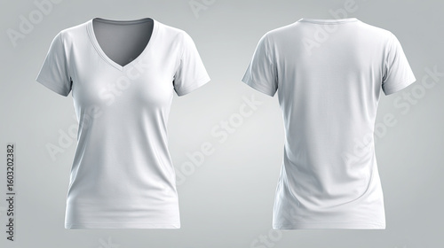Blank white women's v neck t-shirt mockup front and back views for design
