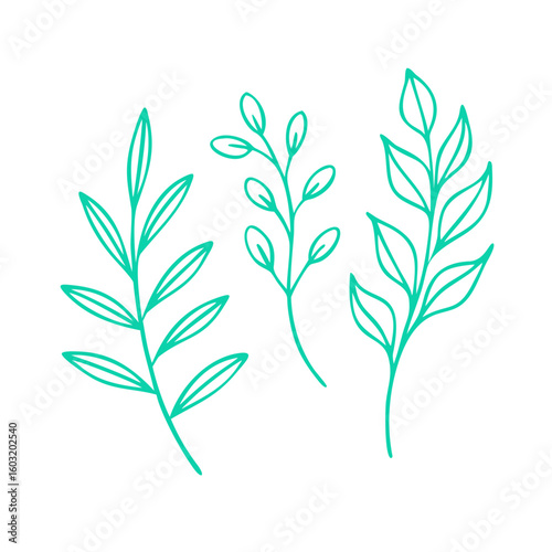Line art vector of leaves and branches, black and white outline icons, elegant and clean botanical set, isolated on white