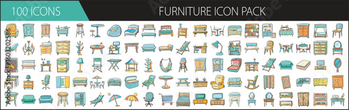 Colorful Home Furniture Icon Pack Collection - Set of 100 colorful vector icons featuring various home furniture items, perfect for interior design, apps, and infographics.