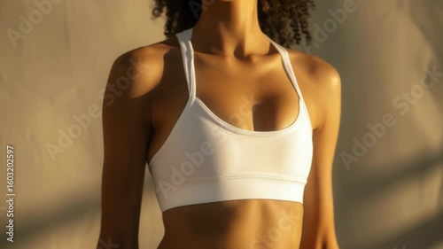 A woman wearing a white sports bra top