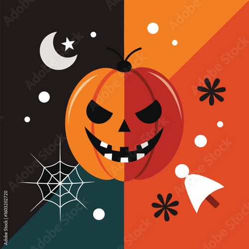Vector art of scary jackolantern on a split halloween night background
