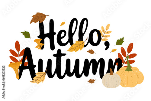 
Hello Autumn typography design with pumpkins, fall leaves, and forest mushrooms — Perfect for autumn greeting card, fall season poster, Hello Autumn SVG design, Thanksgiving decoration, autumn banner