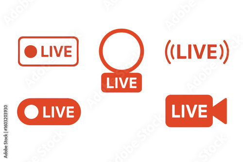 Collection of five distinct orange live broadcast icons on a white background