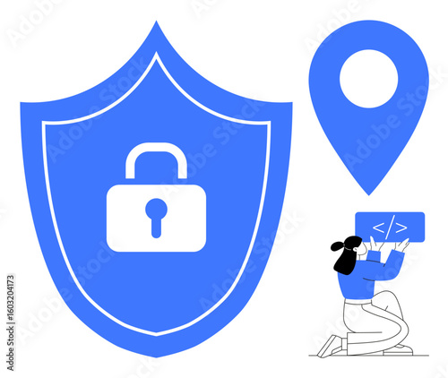 Blue shield with lock symbol, large geolocation icon, and person coding on laptop. Ideal for cybersecurity, data privacy, secure access, geotracking, online safety, programming simple landing page
