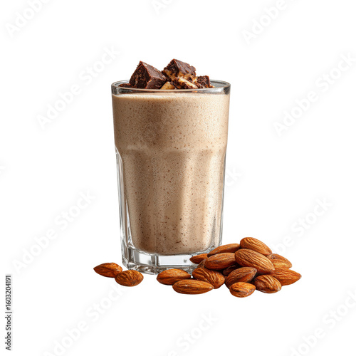 Delicious Almond and Chocolate Milkshake in Glass with Almonds