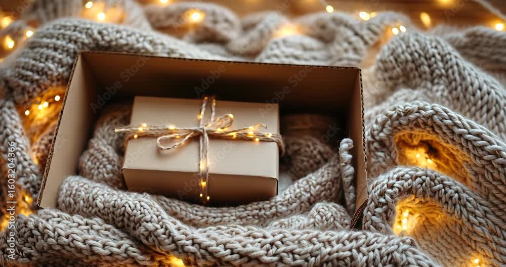A cozy gift box wrapped in warm blanket with festive lights, perfect for holidays.