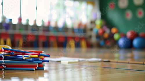 Wallpaper Mural Colorful sports equipment scattered on the gym floor in an active learning environment for children Torontodigital.ca