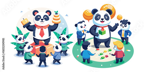 Team-Building Business Panda Vector – Fun Office Character Design for Corporate Events, Leadership Concepts, Workplace Culture, Teamwork Posters, Presentations, and Branding Materials
