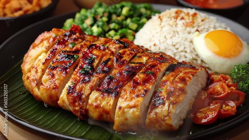 Grilled chicken breast served with rice, fried egg, vegetables, and spicy sauce on a black plate
