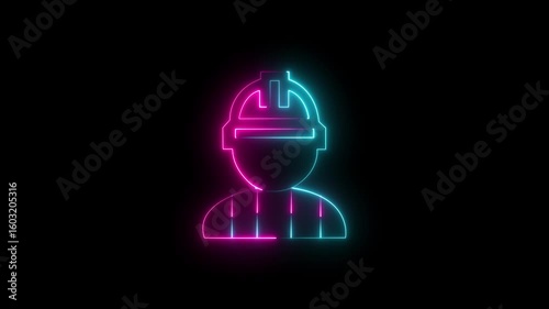 Neon construction worker icon digital engineer profile icon animation with safety helmet and we element