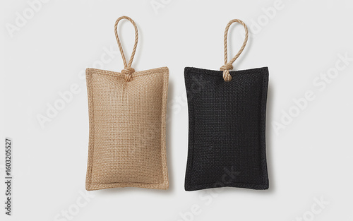 Two Small Burlap Sachets with Jute Rope Hanging Loops Beige and Black