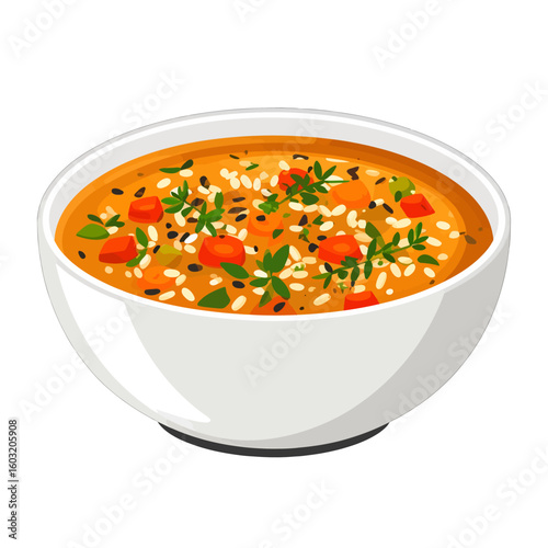 Creamy Vegetable Rice Soup In White Bowl
