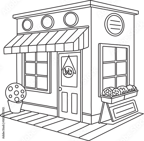 Sketch style vector illustration of a flower shop with architectural details and facade elements
