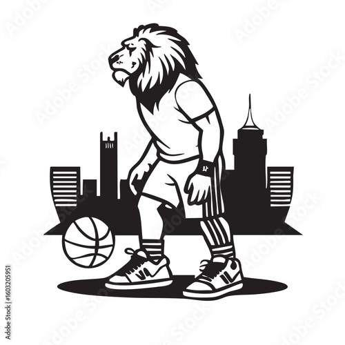 Lion in adidas shelltoes on urban basketball court at golden hour